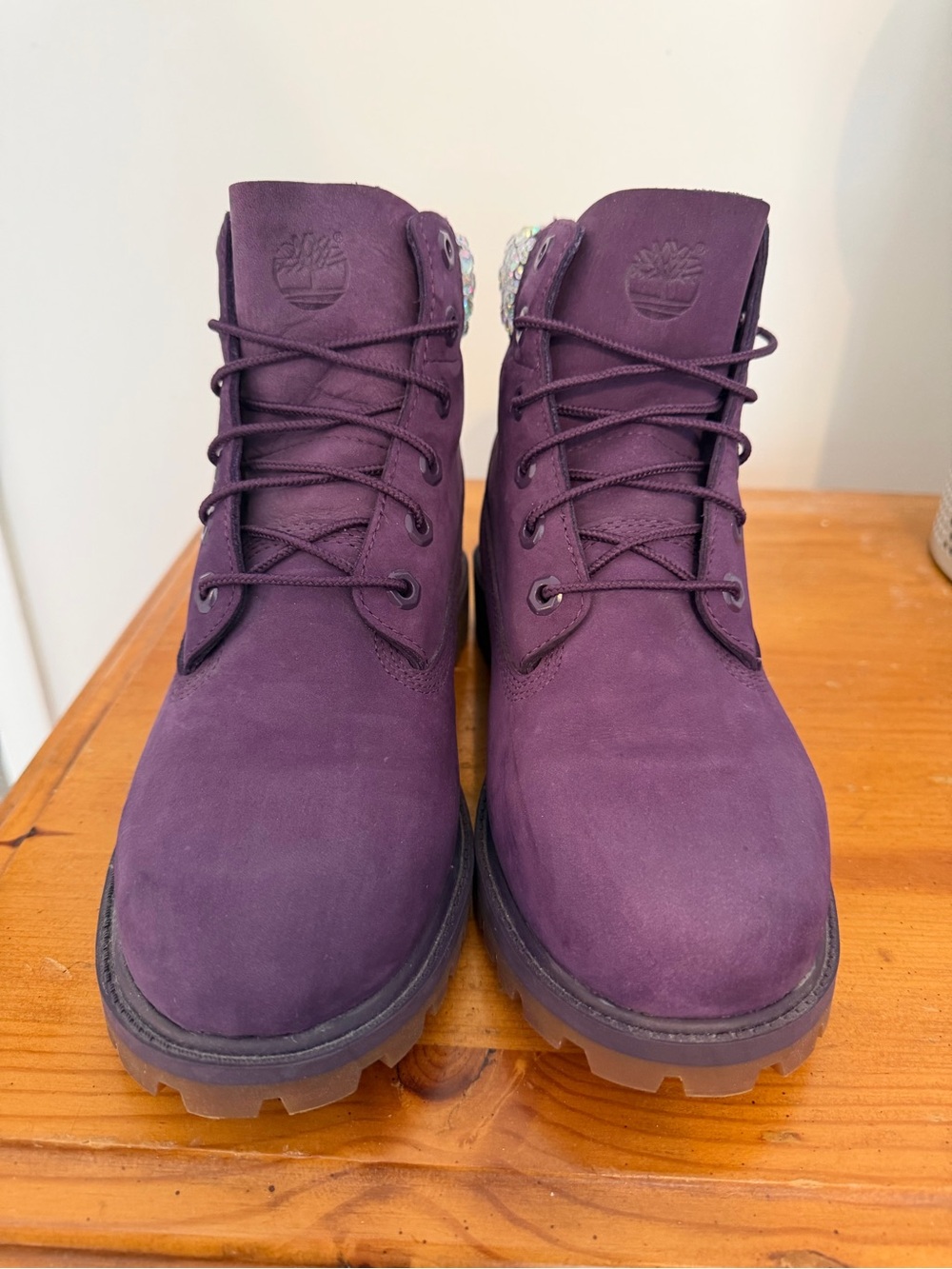 Custom Bejeweled Timberland Women’s Purple Nubuck Lace-Up Boots